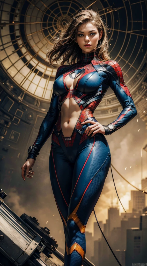 emily bet rickards、Sticking out the navel、newyork、She wears a torn Spider-Man suit,wearing a skirt、abstract photorealistic、artistic、Alphonse Mucha's painting(masterpiece、highest quality、High resolution:1.4)、detailed、複雑なdetailed、In 4K、color splash、line drawing、fibonacci、