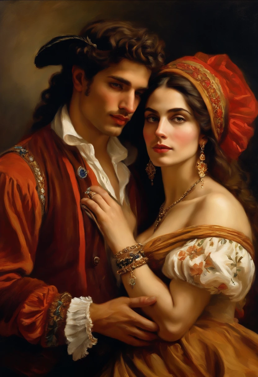 ((Baroque style painting of a gypsy couple, man and woman)) earrings and bracelets, beautiful and sexy young people, lascivious and mischievous face, dressed in clothes in the style of the Victorian Era, almond-shaped and clear eyes, long brown hair, silky , falling on his shoulders, ((looking at the camera)), ((Hugging each other near a fire in a gypsy camp)). Baroque painting