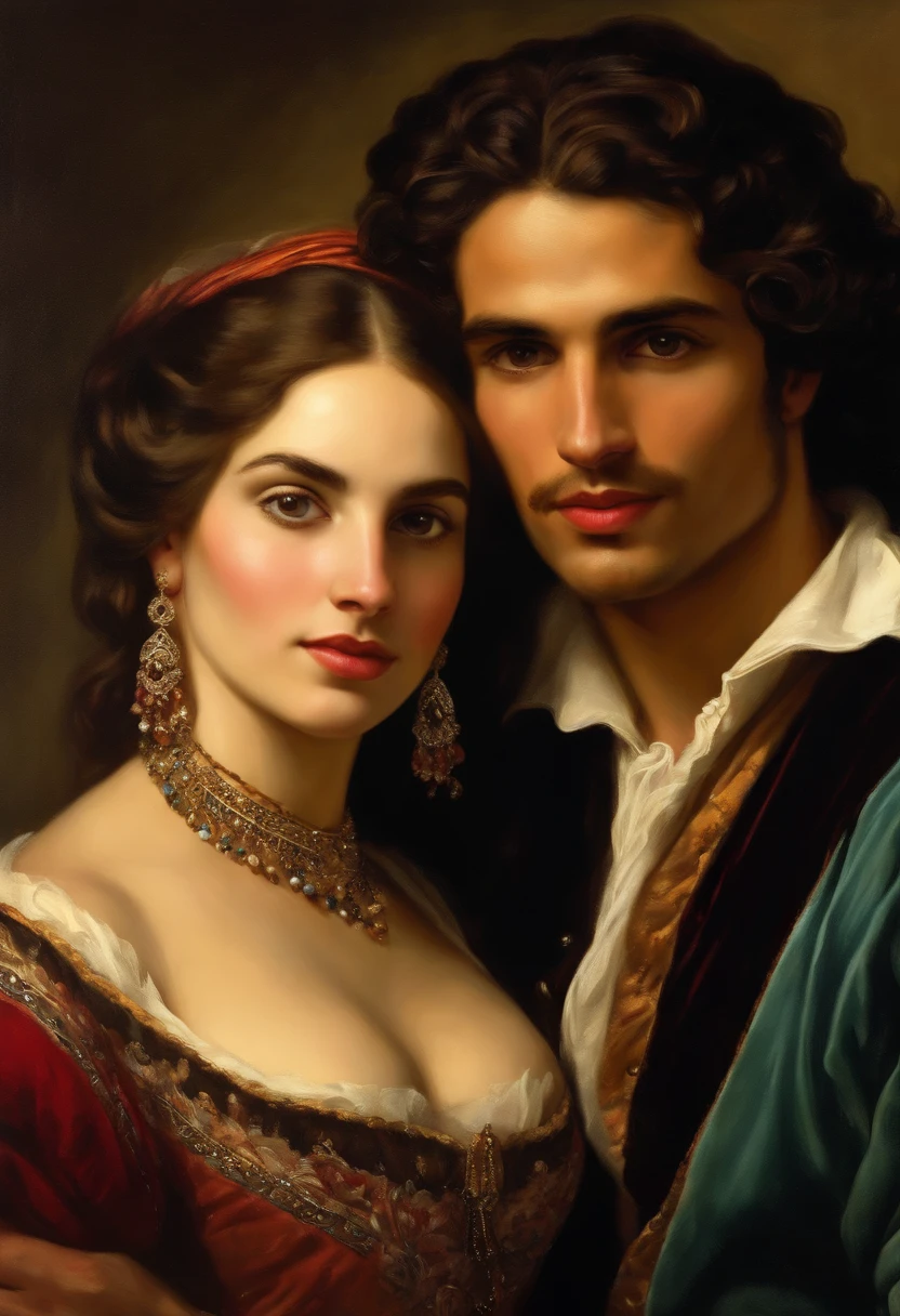 ​((Baroque style painting of a gypsy couple, man and woman)) earrings and bracelets, beautiful and y young people, lascivious and mischievous face, dressed in clothes in the style of the Victorian Era, almond-shaped and clear eyes, long brown hair, silky , falling on his shoulders, ((looking at the camera)), ((Hugging each other near a fire in a gypsy camp)). Baroque painting