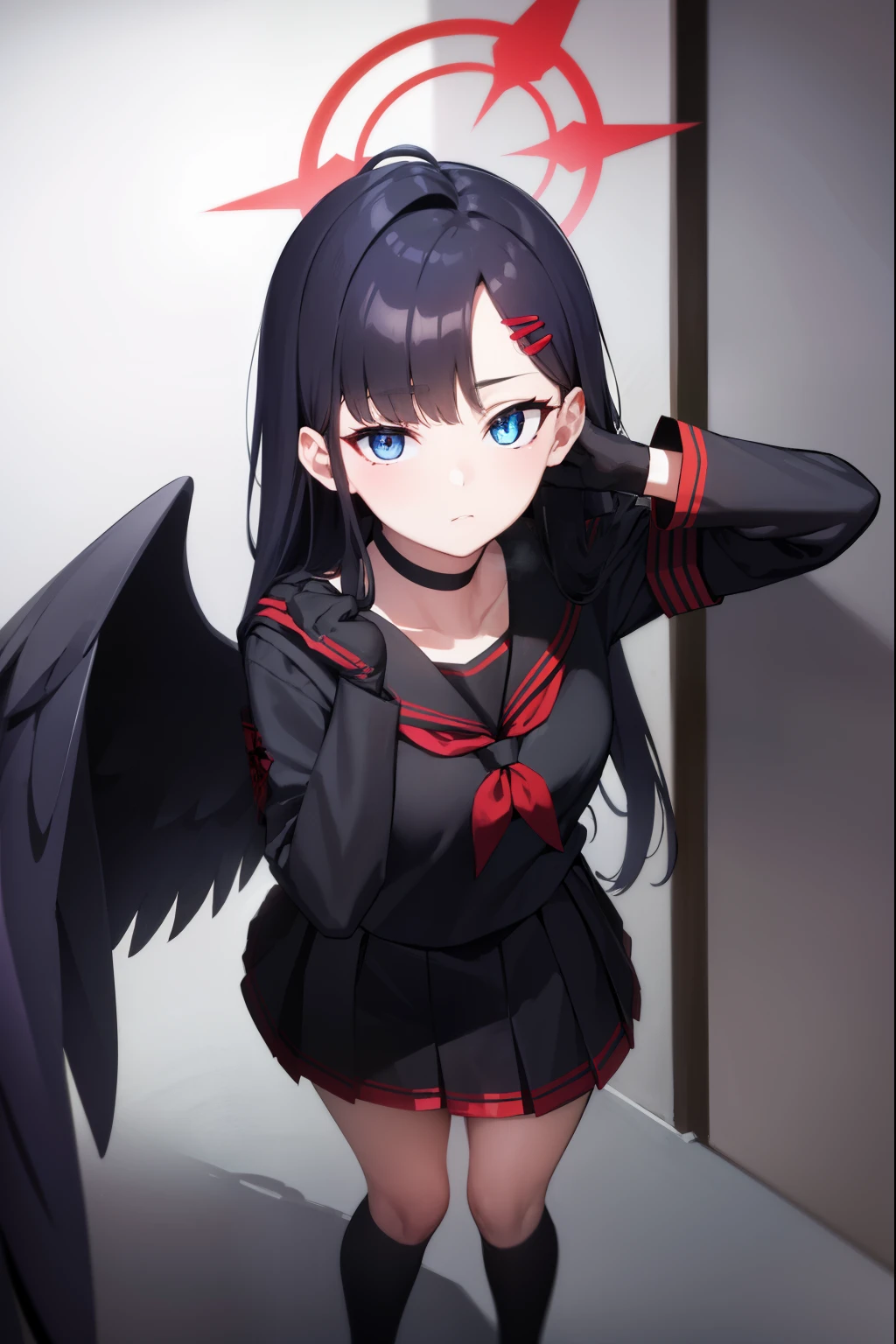 ichikanakamasa, ichika nakamasa, ahoge, black hair, black wings, feathered wings, hair ornament, hairclip, halo, long hair, low wings, red halo, wings,
BREAK armband, black choker, black gloves, black sailor collar, black serafuku, black skirt, choker, gloves, long sleeves, neckerchief, pleated skirt, red neckerchief, safety pin, sailor collar, school uniform, serafuku, skirt,
BREAK looking at viewer, upper body, full body,
BREAK indoors, classroom,
BREAK (masterpiece:1.2), best quality, high resolution, unity 8k wallpaper, (illustration:0.8), (beautiful detailed eyes:1.6), extremely detailed face, perfect lighting, extremely detailed CG, (perfect hands, perfect anatomy),