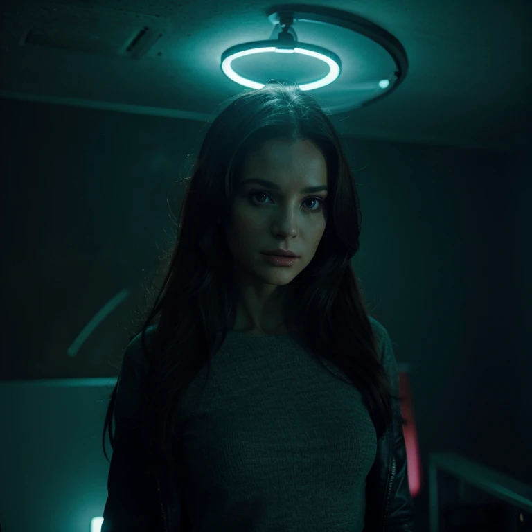 fashion portrait color photograph, woman, upper body, neon lights, x-files, alien aduction, best quality, masterpiece, 8k. A woman with very long dark hair 