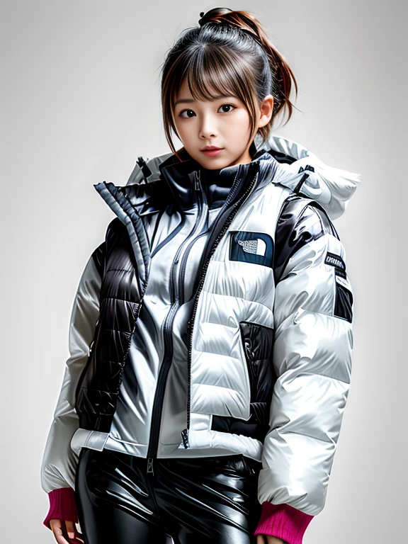 very detailed、masterpiece、Ski Resort Background、a woman in a (white down vest at northface):1.4, white puffer vest and black pants posing for a picture, model is wearing techtical vest, sportswear, sportswear, かわいいsportswear, nanocarbon-vest,headphone, white!!, white coat, tech wear women pictures, 2 techwear women, catalog photo, stylish coat for rave, full body photo, future inflatable jacket, Miko, Kim Woo