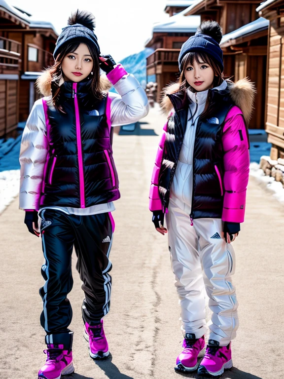very detailed、masterpiece、Ski Resort Background、a woman in a (white down vest at northface):1.4, white puffer vest and black pants posing for a picture, model is wearing techtical vest, sportswear, sportswear, かわいいsportswear, nanocarbon-vest, white!!, white coat, tech wear women pictures, 2 techwear women, catalog photo, stylish coat for rave, full body photo, future inflatable jacket, Miko, Kim Woo