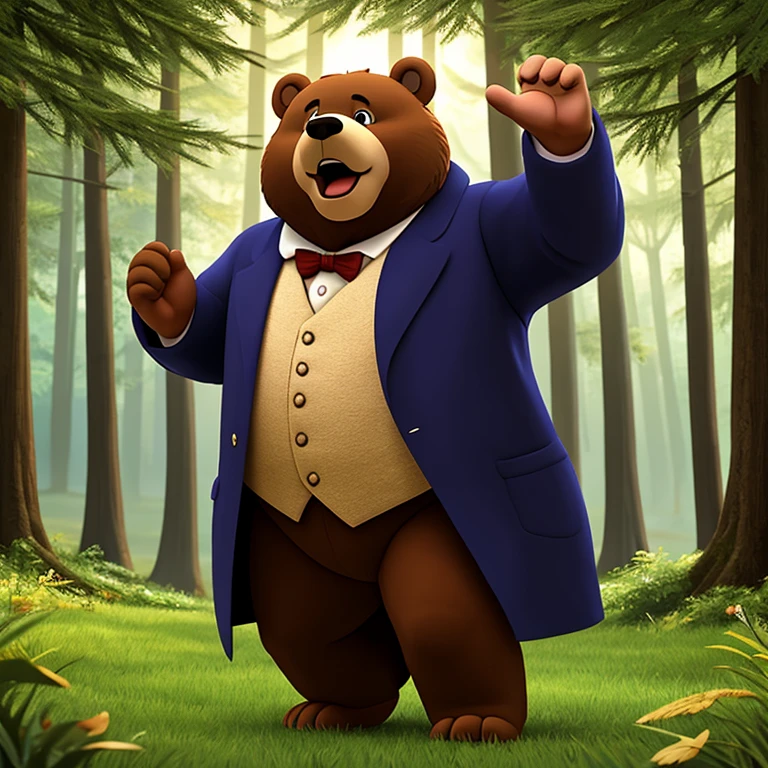 masterpiece,highest quality,Forest Concert,giant dancing bear,long coat,singing