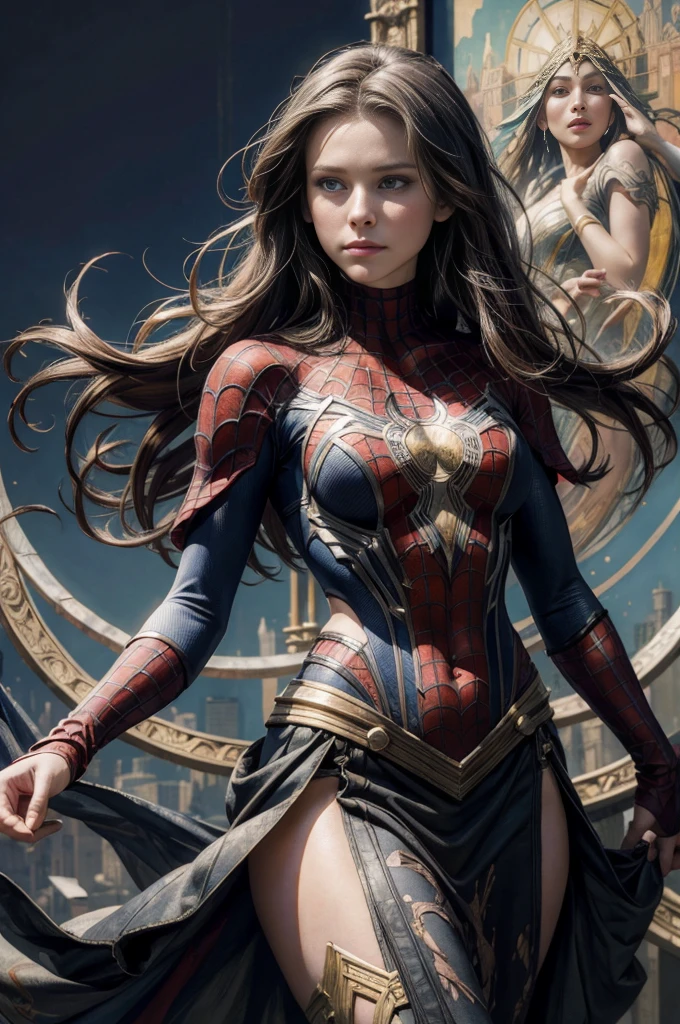 Kristen Bell、Sticking out the navel、newyork、She wears a torn Spider-Man suit,wearing a skirt、abstract photorealistic、artistic、Alphonse Mucha's painting(masterpiece、highest quality、High resolution:1.4)、detailed、複雑なdetailed、In 4K、color splash、line drawing、fibonacci、