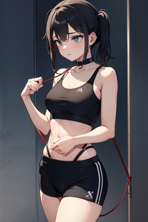 masterpiece, (best quality), girl in a sports bra (arms behind back:1.5), breasts bondage, arms bondage, legs bondage)