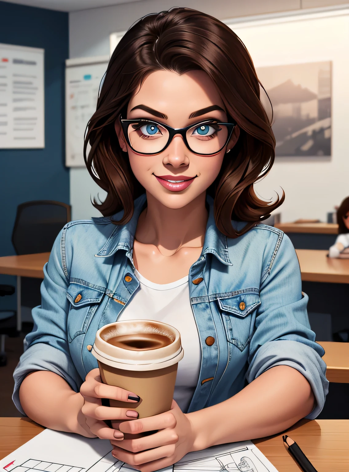 (estilo de desenho animado:1.2), girl drawing with glasses, vestindo uma camisa branca e jaqueta jeans, olhos perfeitos, rosto detalhado, holding a cup of coffee, office background, pose divertida,