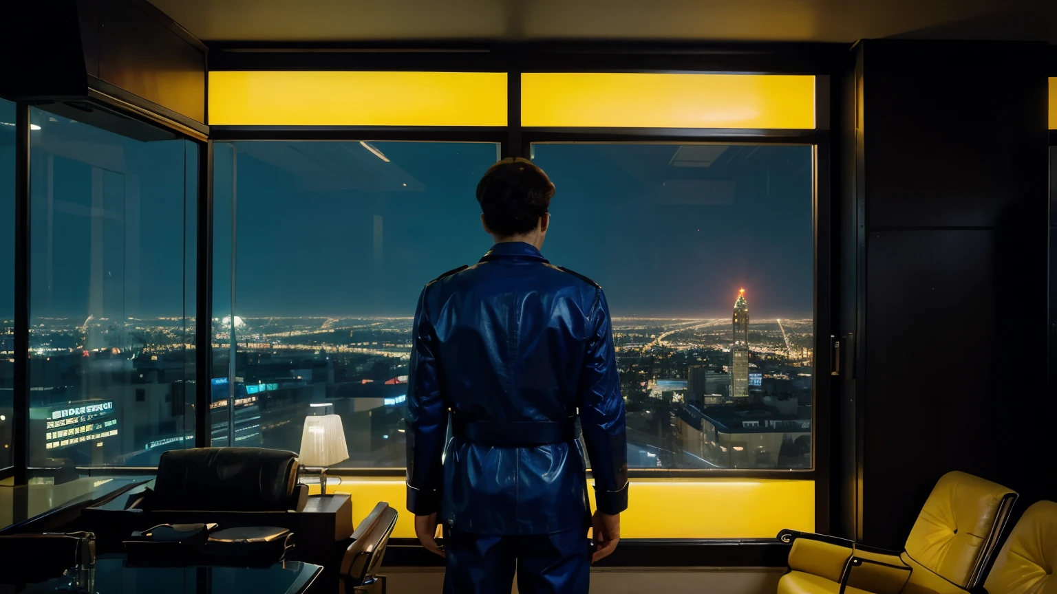 4k image from a 1960s science fiction film by Wes Anderson, Filme O Grande Hotel Budapeste, city with a blue, red, green and yellow neon colors vibrant at night through a window, big city retro futuristic neon, blade runner style, Retro-futuristic from the 60s with old robots, Luz Natural, Psicodelia, futurista estranho, retro-futurista, photo-realistic, blurred background, solitude, sadness, lonely man, a misterious man with his back inside an room with a view of a skyscraper, leather armchairs,