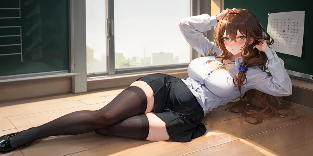 (pose lying on the ground:1.3)Lisa, genshin impact, ((blush: 1.2)), 1 girl, alone, ((white shirt)), black Thighhighs, huge breasts, cleavage, uniform, office background, black skirt, looking at the viewer, pleated skirt, office, hair between eyes, messy hair, big breasts, long hair, brown hair, red short nails, green eyes, alone, Thighhighs, thick thighs, very long hair, ((masterpiece)), classroom, board, class board, Teaching, Curvaceous, thin, (Put your hands behind your head),