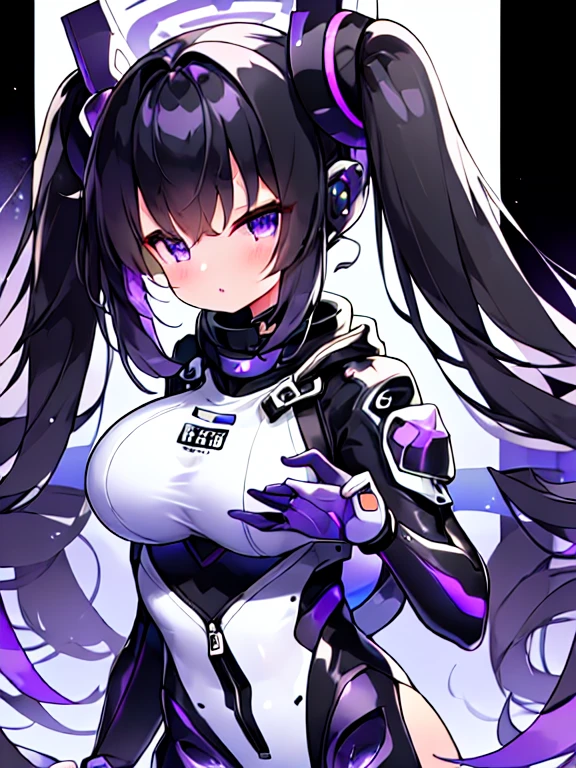 very detailed、masterpiece、high quality、one high school girl、12 years old、Loli、(black and white space suit、accent)、front zipper、(Futuristic, Tight Fit Bodysuit)、headphone、Cyberpunk space station interior background、(colorful purple hair),ロングtwin tails, (pink eyes), change,twin tails,sassy change,cheey change,mesugaki,girl,天才girl、(big breast):1.0,(blush):1.1、halo、
