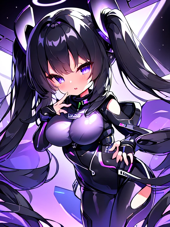 very detailed、masterpiece、high quality、one high school girl、、Loli、(black and white space suit、accent)、front zipper、(Futuristic, Tight Fit Bodysuit)、headphone、Cyberpunk space station interior background、(colorful purple hair),ロングtwin tails, (pink eyes), change,twin tails,sassy change，cheey change，mesugaki,girl,天才girl、(big breast):1.0,(blush):1.1、halo、