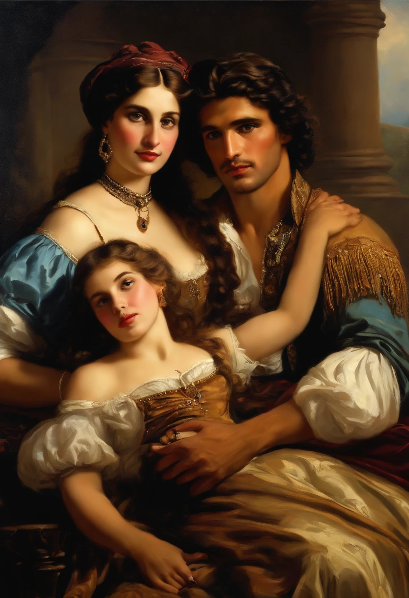 ​((Baroque style painting of a beautiful gypsy couple, man and woman)) earrings and bracelets, beautiful and sexy young people, lascivious and mischievous face, dressed in clothes in the style of the Victorian Era, light blue eyes, sexy and well-made mouth , long wavy brown hair, silky, falling over her shoulders, ((looking at the camera)), ((Hugging each other near a fire in a gypsy camp)). Baroque painting