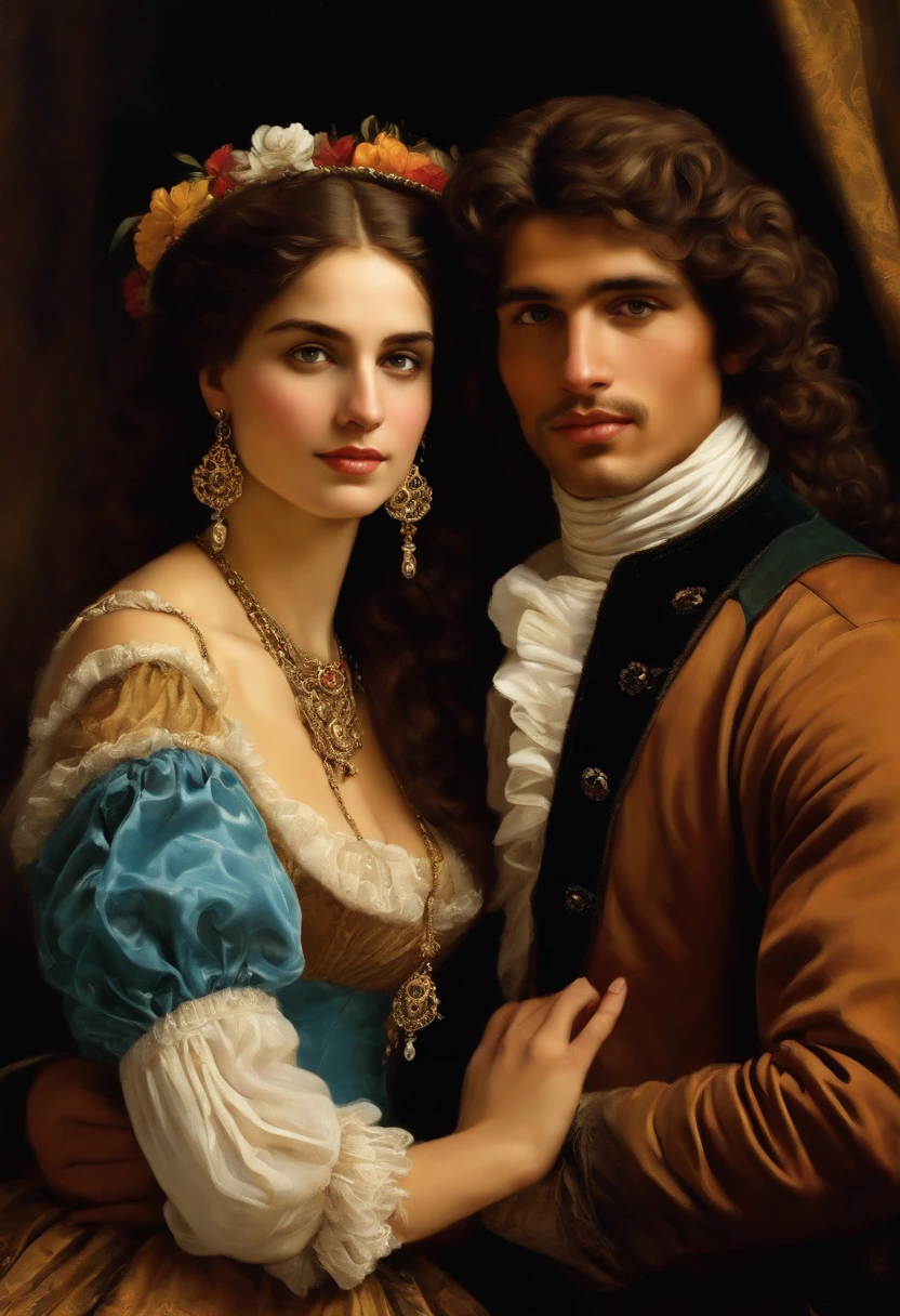 ((Baroque style painting of a beautiful gypsy couple, man and woman)) earrings and bracelets, beautiful and sexy young people, lascivious and mischievous face, dressed in clothes in the style of the Victorian Era, light blue eyes, sexy and well-made mouth , long wavy brown hair, silky, falling over her shoulders, ((looking at the camera)), ((Hugging each other near a fire in a gypsy camp)). Baroque painting