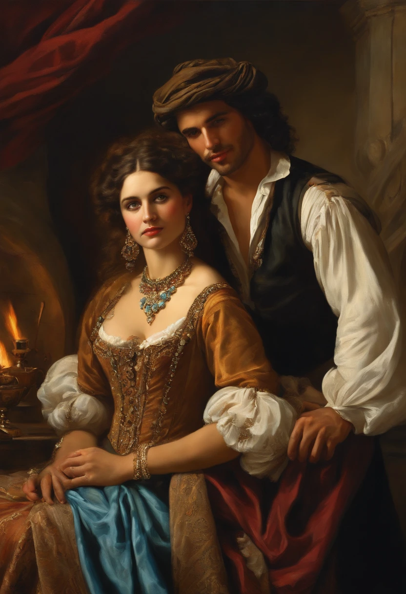 ​((Baroque style painting of a beautiful gypsy couple, man and woman)) earrings and bracelets, beautiful and sexy young people, lascivious and mischievous face, dressed in clothes in the style of the Victorian Era, light blue eyes, sexy and well-made mouth , long wavy brown hair, silky, falling over her shoulders, ((looking at the camera)), ((Hugging each other near a fire in a gypsy camp)). Baroque painting