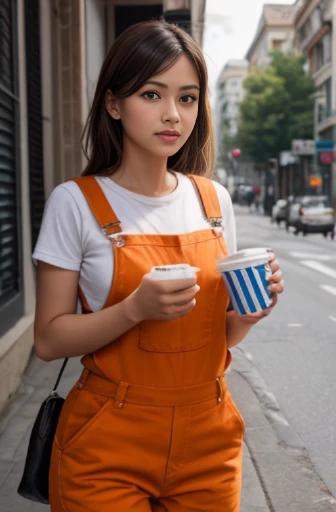 female garbage men collecting trash on the streets 2girls, very tight orange dungarees, fit body, slender body, beautiful face, 18yo, different hair color, black plastic garbage bags, big orange garbage truck bokeh full_body