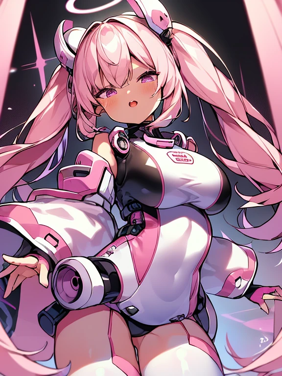 very detailed、masterpiece、high quality、one high school girl、、Loli、(white pink space suit)、front zipper、(Futuristic, Tight Fit Bodysuit)、headphone、Cyberpunk space station interior background、(colorful pink hair),ロングtwin tails, (pink eyes), change,twin tails,sassy change，cheey change，mesugaki,girl,天才girl、(big breast):1.0,(blush):1.1、halo、