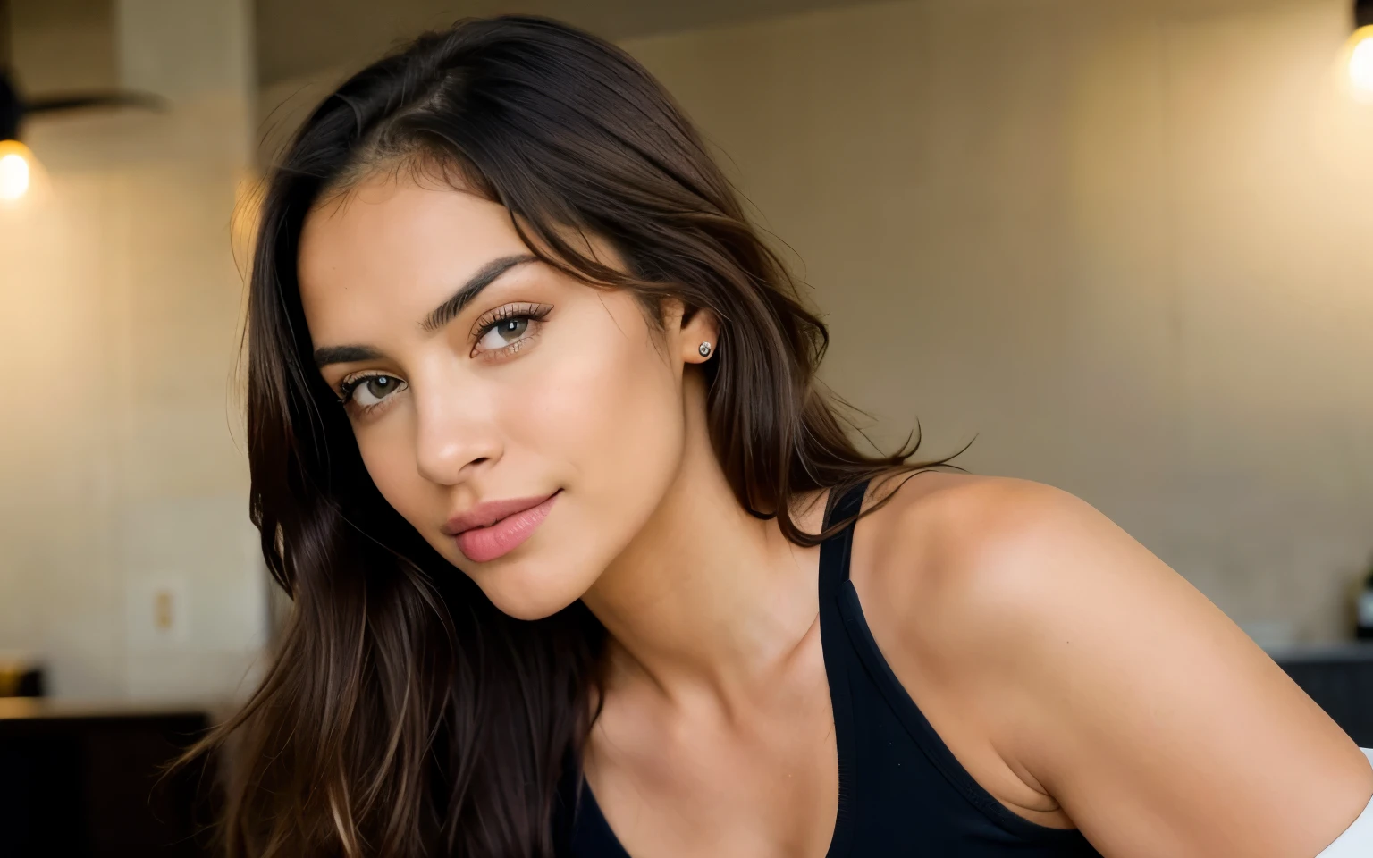 Beautiful brunette with blonde highlights in underwear in the bathroom (in a café drinking soft drinks), muy detallado, 22year old, cara inocente, cabello ondulado natural, ojos azules, High resolution, obra maestra, La mejor calidad, Intrincado alto detalle, Altamente detallado, sharp focus, Piel negra detallada, textura realista de la piel , textura, ojos detallados, profesional, 4k, sonrisa encantadora, filmado en Canon, 85 mm, poca profundidad de campo, Kodak Vision Color, Cuerpo de ajuste perfecto, extremadamente detallado, Cinematographer_\(ultra\), photoreallistic, Realstic, Postproceso, Maximum details, aspereza, vida real, ultra realista, fotorrealismo, Cinematographer, 8k UHD, Cinematographer
