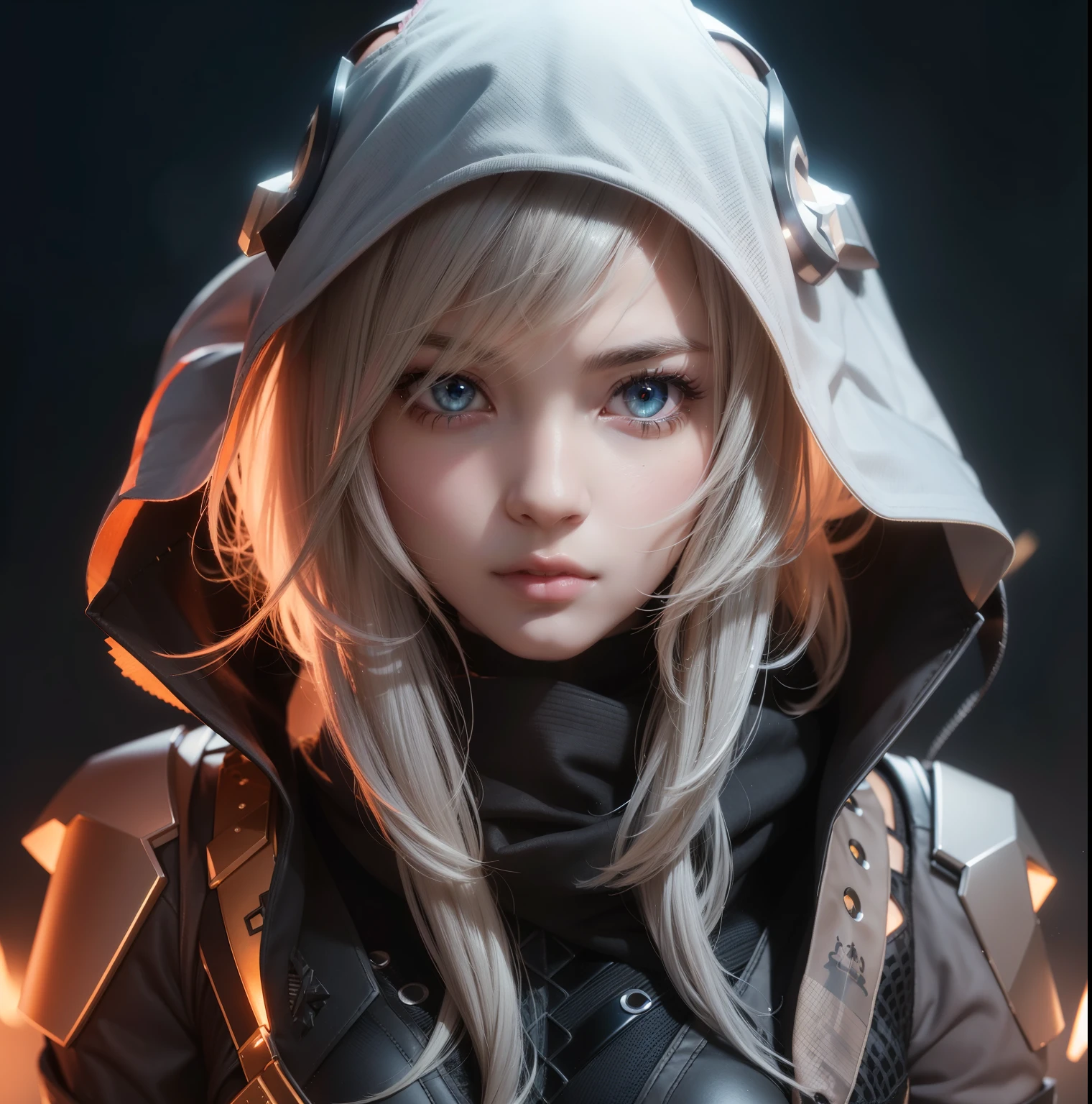 ﻿Beauty anime girl /// (Character) wearing detailed combat body suit with scarf, (((ghostcore aesthetic style::1))), detailed skin, face sharp focus, detailed eyes and pupils, detailed hair, intricate details and sharp, masterpiece, global illumination, real shadow, bokeh, best quality, photorealistic, realistic, 8k, midnight aura, cinematic illumination