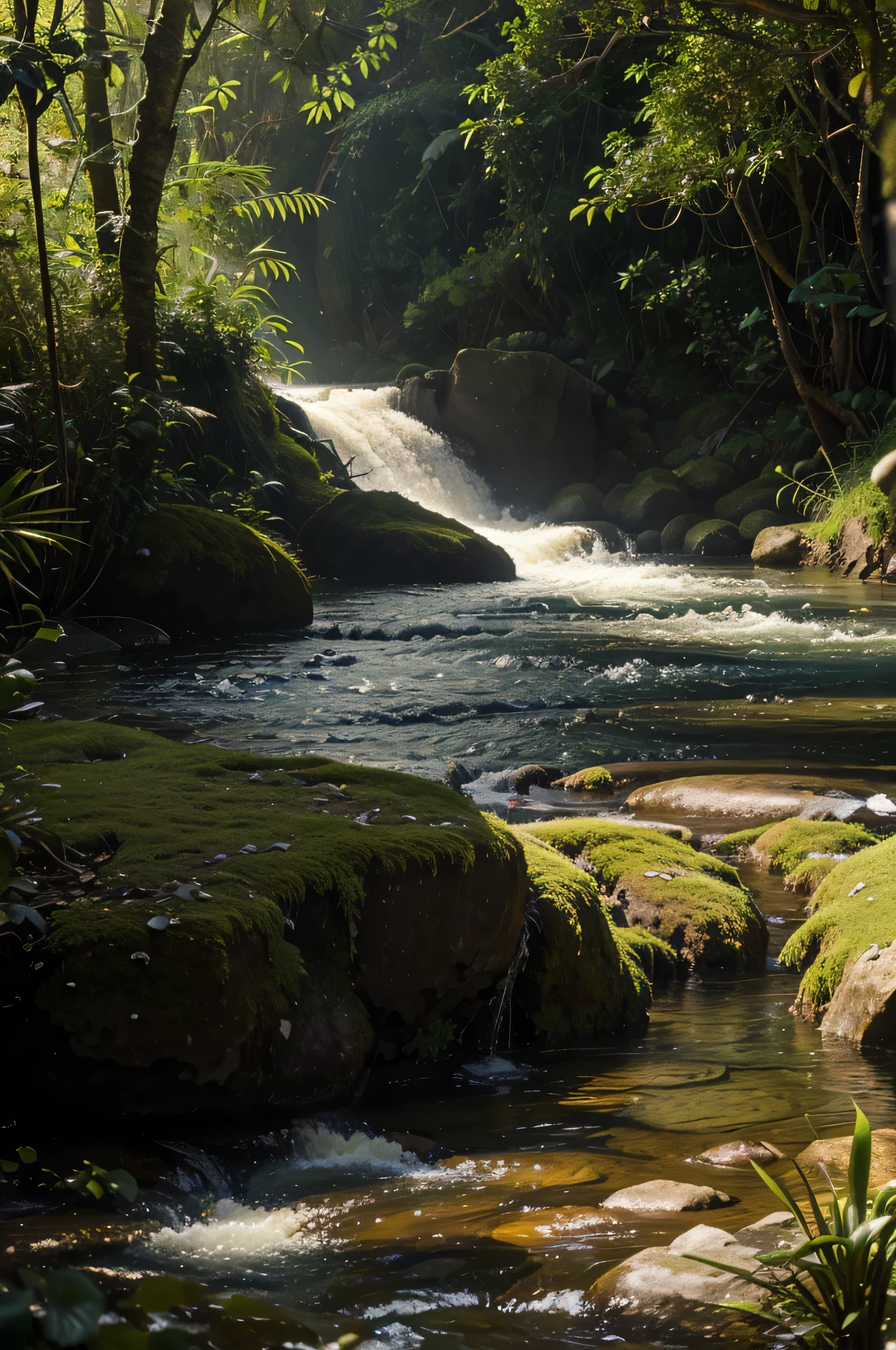 ((Best quality)), ((masterpiece)), (detail), Wallpaper, 8K, 800mm lens, High quality photo of a river, flowing surrounded by plants, photorealistic, Sun Ray, Jungle, Stones, broadcast,