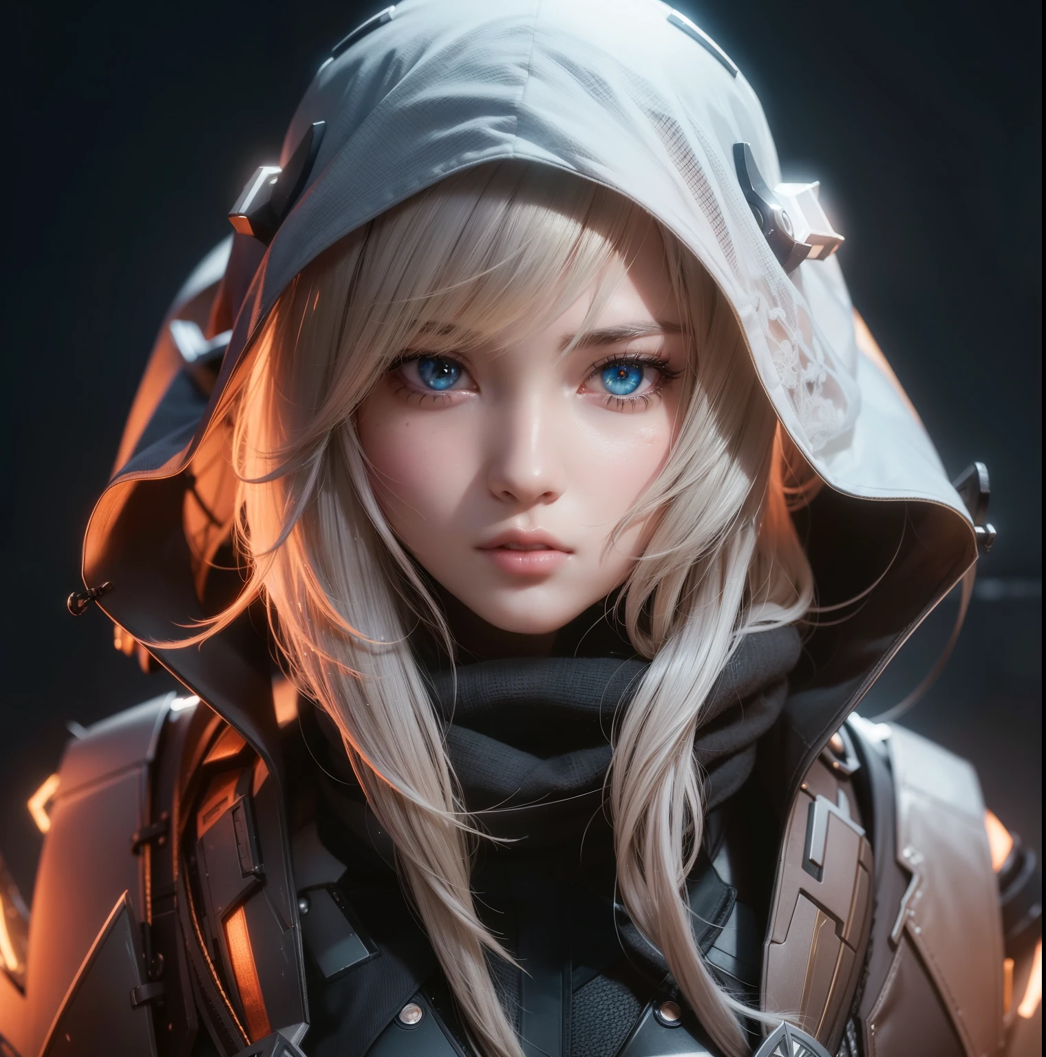 ﻿Beauty anime girl /// (Character) wearing detailed combat body suit with scarf, (((ghostcore aesthetic style::1))), detailed skin, face sharp focus, detailed eyes and pupils, detailed hair, intricate details and sharp, masterpiece, global illumination, real shadow, bokeh, best quality, photorealistic, realistic, 8k, midnight aura, cinematic illumination