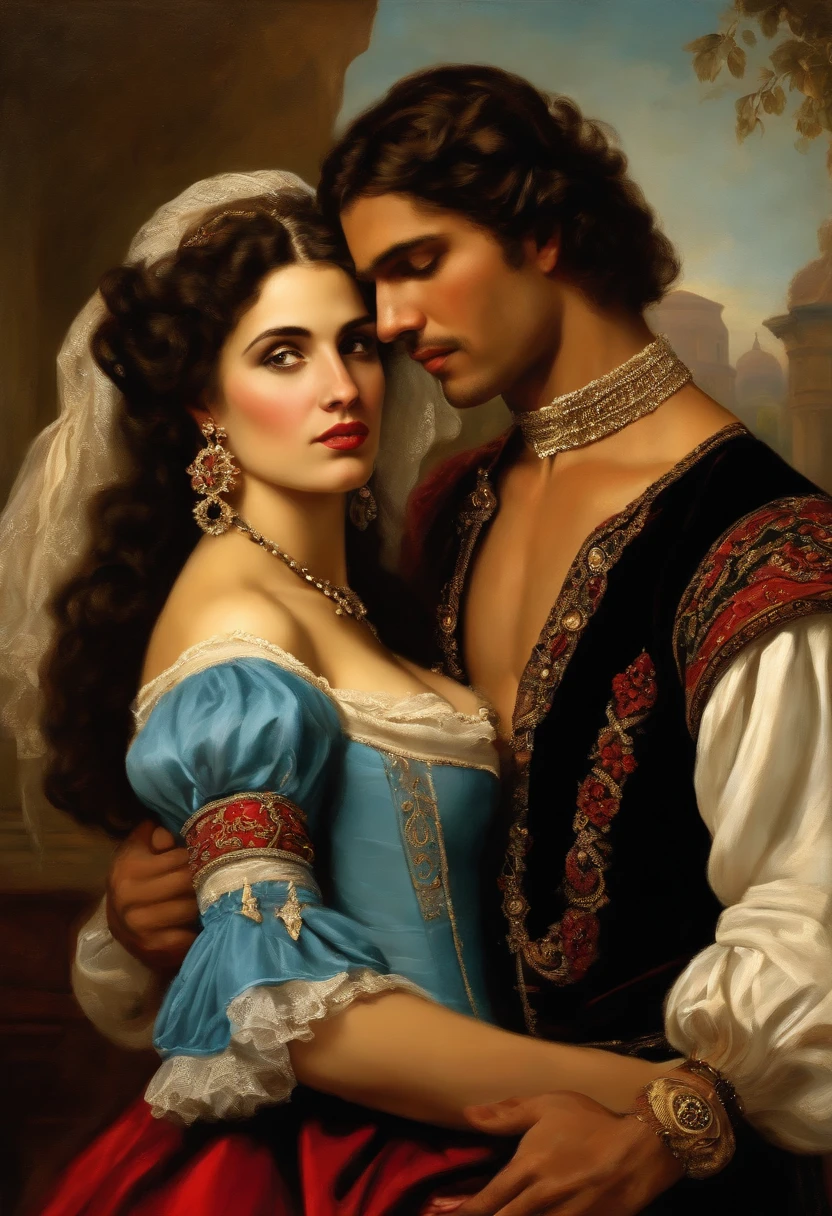 ((Baroque style painting of a beautiful couple)) earrings and bracelets, beautiful and sensual young people, lascivious and mischievous face, dressed in red, black and gold clothes in the style of the Victorian Era, clear eyes, sexy and shapely mouth, long, silky hair falling over her shoulders, ((looking at the camera)), ((Hugging each other in a garden with flowers and Greek columns)). Baroque painting