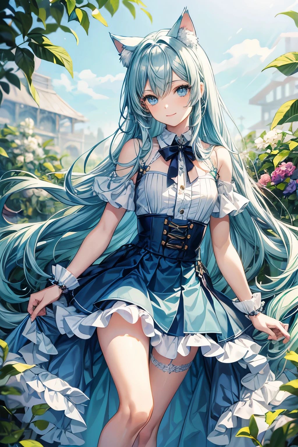 young boy, Long aquamarine hair, cat ears, blue eyes, ssmile, open body, Masterpiece, hiquality, skirt, detailed eyes