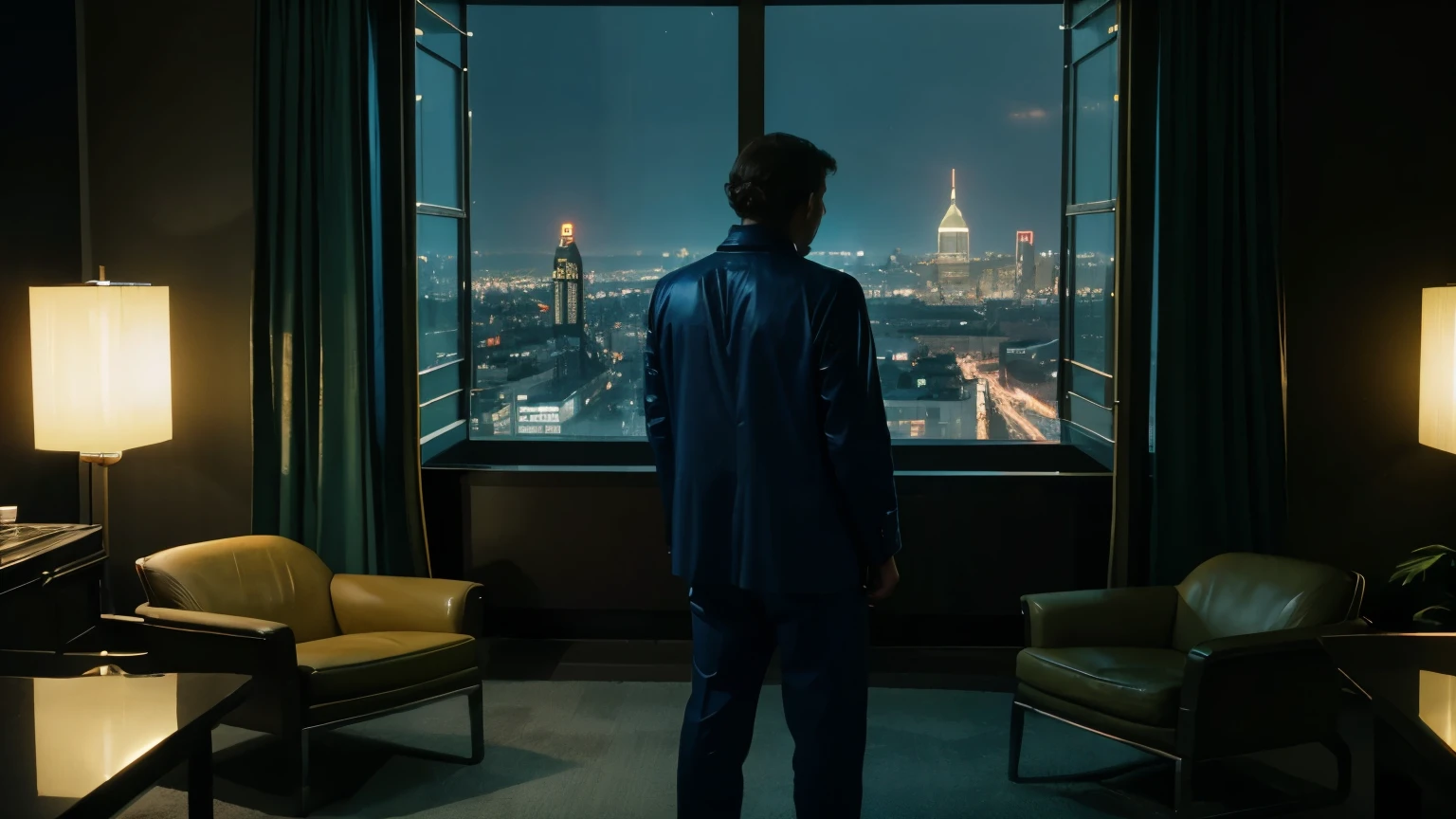 4k image from a 1960s science fiction film by Wes Anderson, Filme O Grande Hotel Budapeste, city with a blue, red, green and yellow neon colors vibrant at night through a window, big city retro futuristic neon, blade runner style, Retro-futuristic from the 60s with old robots, Luz Natural, Psicodelia, futurista estranho, retro-futurista, photo-realistic, blurred background, solitude, sadness, lonely man, a misterious man with his back inside an room with a view of a skyscraper, leather armchairs,