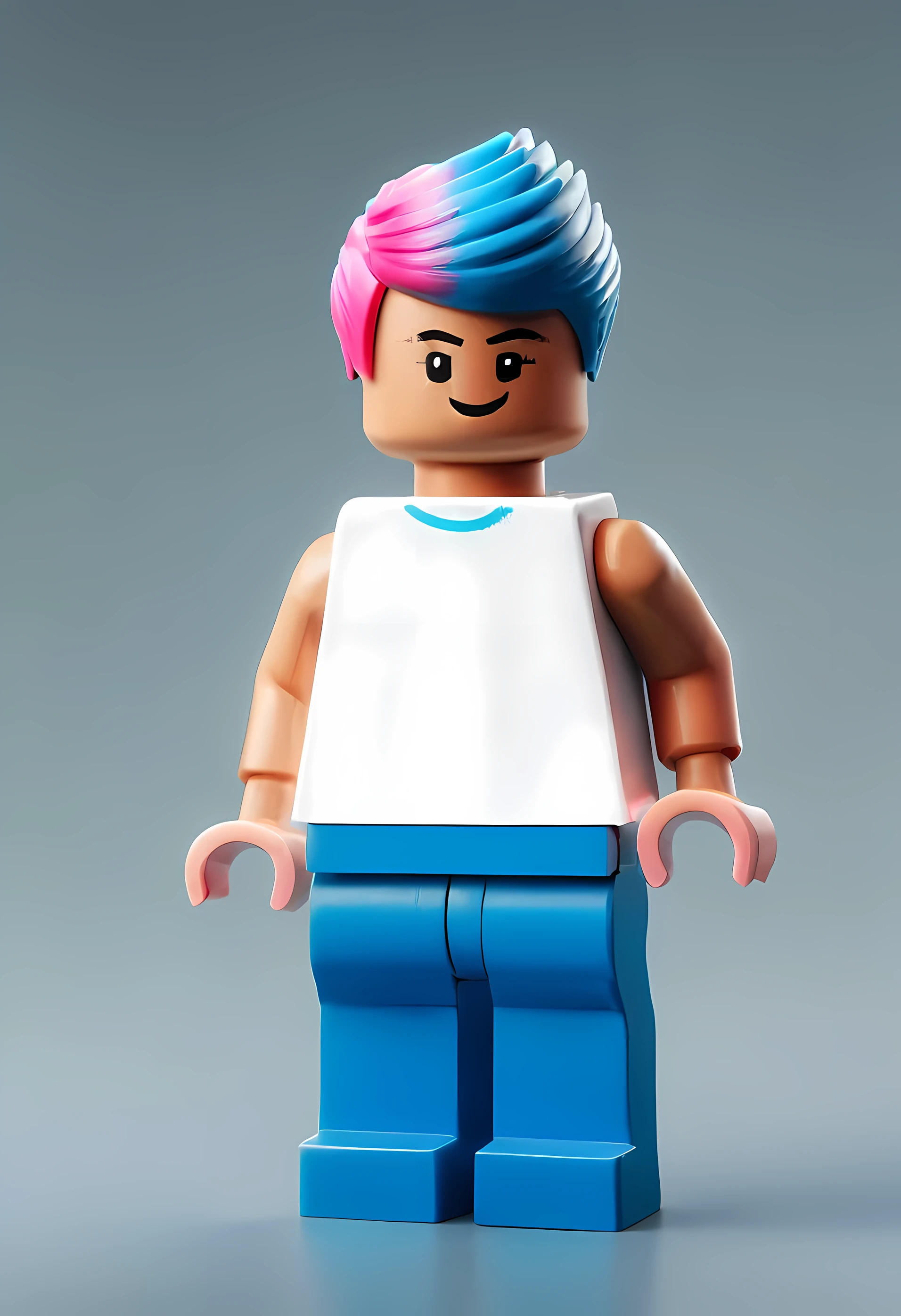 Lego、male：1.5、fluorescent pink and fluorescent blue hair、tiktok color hair、muscular muscles、white t-shirt、jeans
