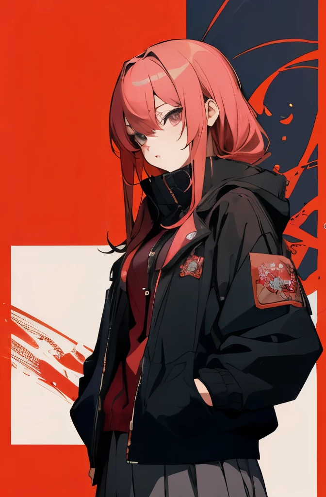 ((Best quality)), HD, 4K, ((masterpiece)), (detailed)), (masterpiece), a woman in a skirt and jacket holding a bag and a bag, guweiz, artwork in the style of guweiz, promo art, style anime, anime moe artstyle, high quality anime artstyle, anime visual of a cute girl, marin kitagawa fanart, modern anime style, made with anime painter studio, anime artstyle, an anime girl, with a intence red color in her hair, no ia style, hands inside her pockets, dame eyes