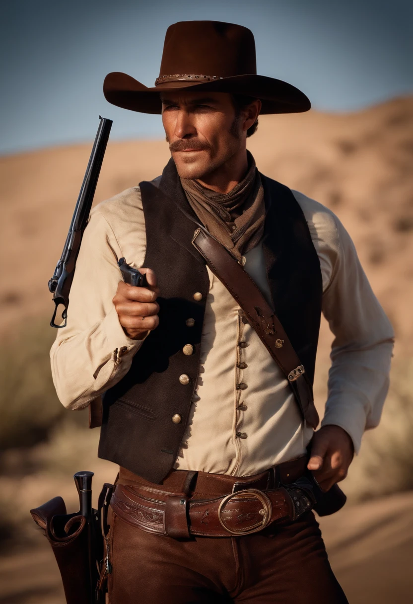 Cawboy forte ocidental,(corpo todo),sorriso,revolver in hand,Luz suave,redemption of the red dead,
