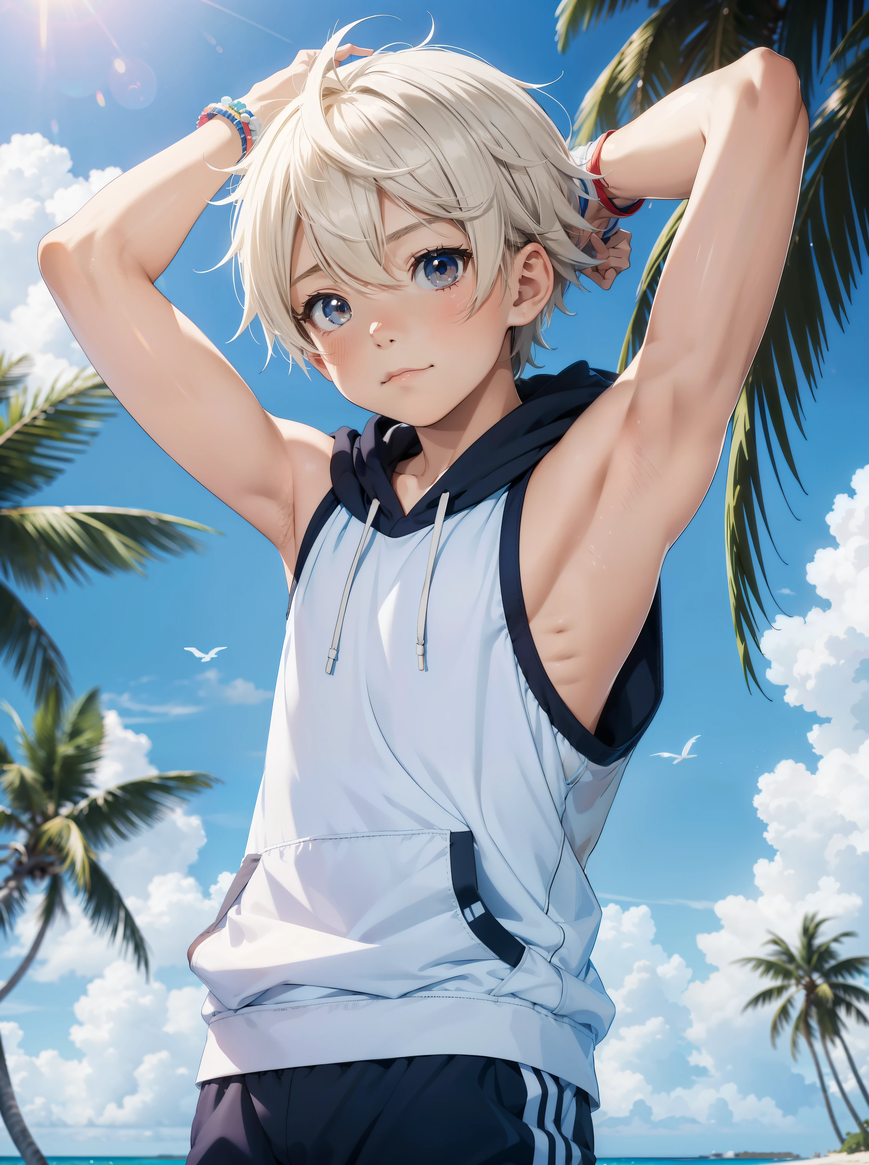 Anime style,Summer sky、Into the cloud、1boy,Little Boy, hansome boy, cute face, adorable boy, beach, coconut tree, Cheerful boy。sleeveless hoodie, 、body only, 、(show his armpit, focus on the armpit, shine closer to the armpit), boy focus