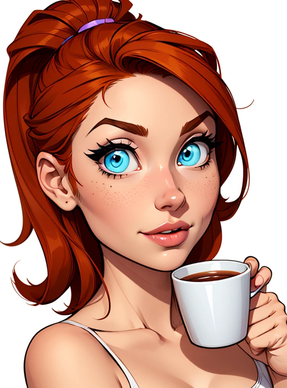 (cartoon style:1.2),  drawing of girl, perfect eyes, detailed face, holding a cup, white background, small breasts 