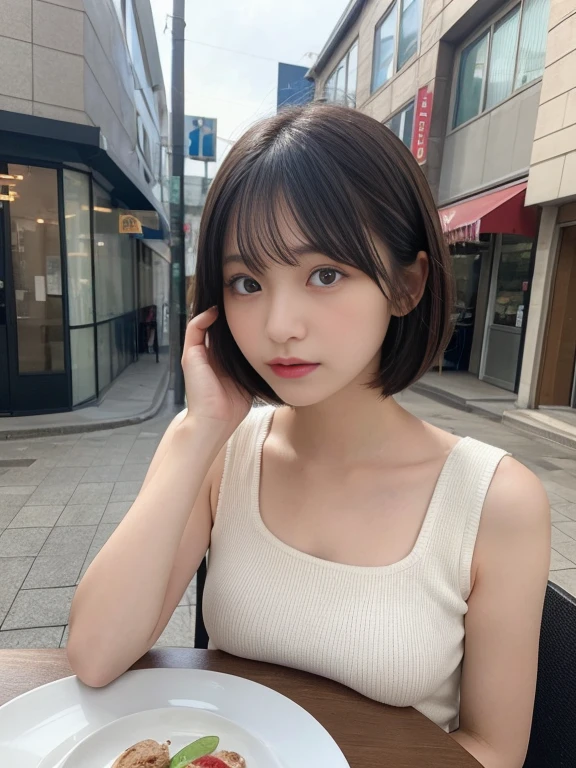 super high quality, Fashion Model, Slenderのネックレス, Slender, The staff is working at the counter in the back., (8k、RAW Photos、Highest quality、masterpiece:1.2), Stylish café, Fashion magazine photoshoot, (Realistic、Photorealistic:1.37), Beautiful Face , Mesh Hair, Urban Cafe, Golden Ratio, Raw photo, Small breasts, Bright cafe interior, Blurred Background, Summer clothes, Beauty, Cafe Terrace, Open Cafe, Photographed inside the cafe, 20-year-old, Hair blowing in the wind, Neat clothes, Very Short Hair, Cool older sister, Stylish clothes,