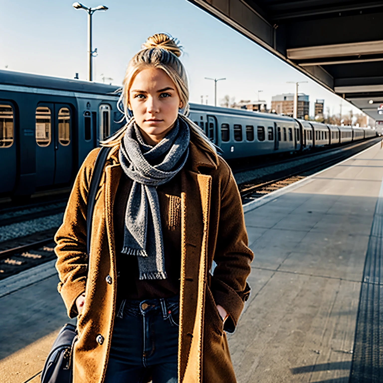 A clear daytime picture on a cold sunny winter day of a blond pretty young lady with a serious expression on an empty spacious train platform without any trains, looking into the lens with bright grey eyes, with the sun straight in her face, her hair tied up, a thick winterscarf around her neck, wearing a brown long corduroy coat, wearing jeans and a black backpack over her shoulder.