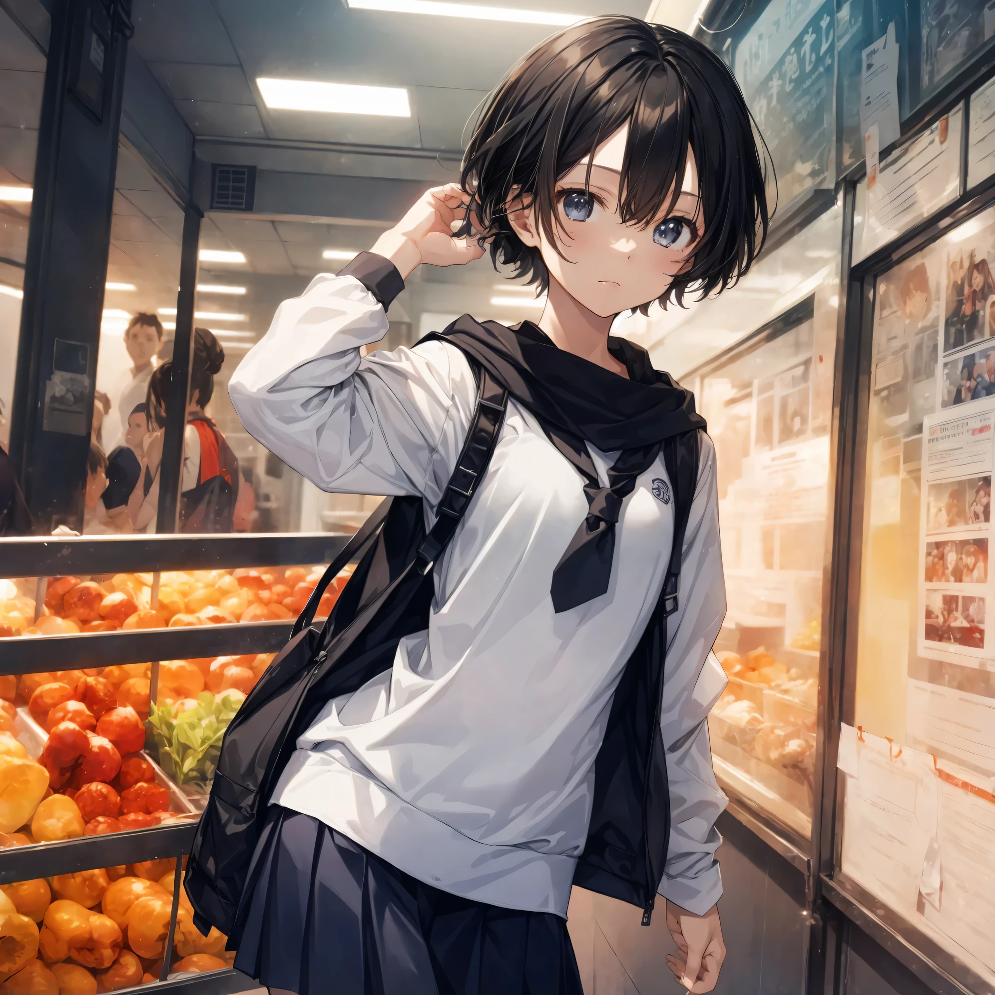 Super high quality by the art god, super detailed, High resolution, Shinkai Makoto style, anime moe art style, best anime 8K konachan wallpaper, pixiv contest winner, perfect anatomy, break,(眠そうにalone学校へ行く女の子を描いてください. ),break, surreal high school girl, (alone,change, child,13 years old:1.3),All limbs, full finger,Middle school students, androgynous charm, (very, very short hair), messy hair, flat and soft chest, small ass, between legs, Small black eyes,beautiful and fine eyes, Well-proportioned iris and pupils, disgusted eyes, High resolutionの詳細な髪, school uniform, (skirt), On the way to school. break,super dense skin, Best lighting by famous artists, 8K, figure,