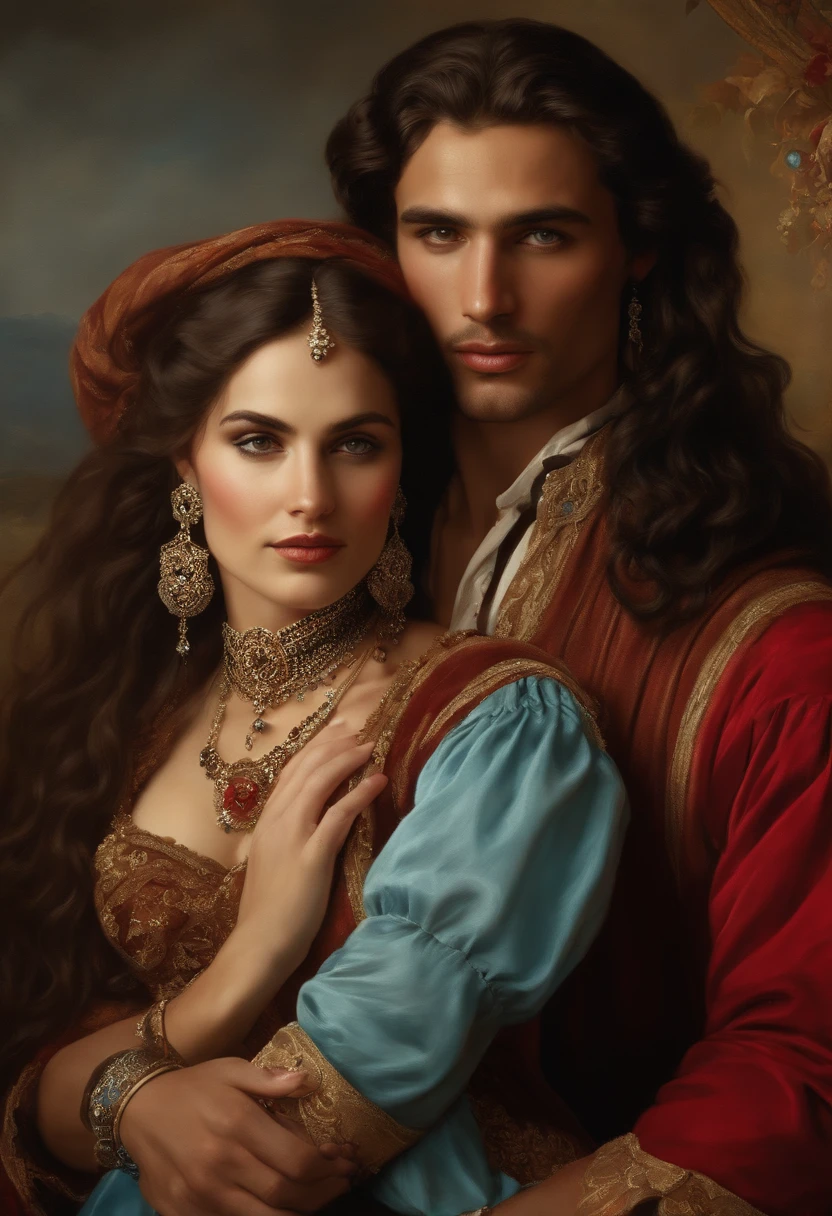 ((Baroque style painting of a beautiful gypsy couple, man and woman)) earrings and bracelets, beautiful and y young people, lascivious and mischievous face, dressed in red, black and gold clothes in the style of the Victorian Era, light blue eyes, mouth sexnd shapely, long wavy brown hair, silky, falling over her shoulders, ((looking at the camera)), ((Hugging each other near a fire in a gypsy camp)). Baroque painting