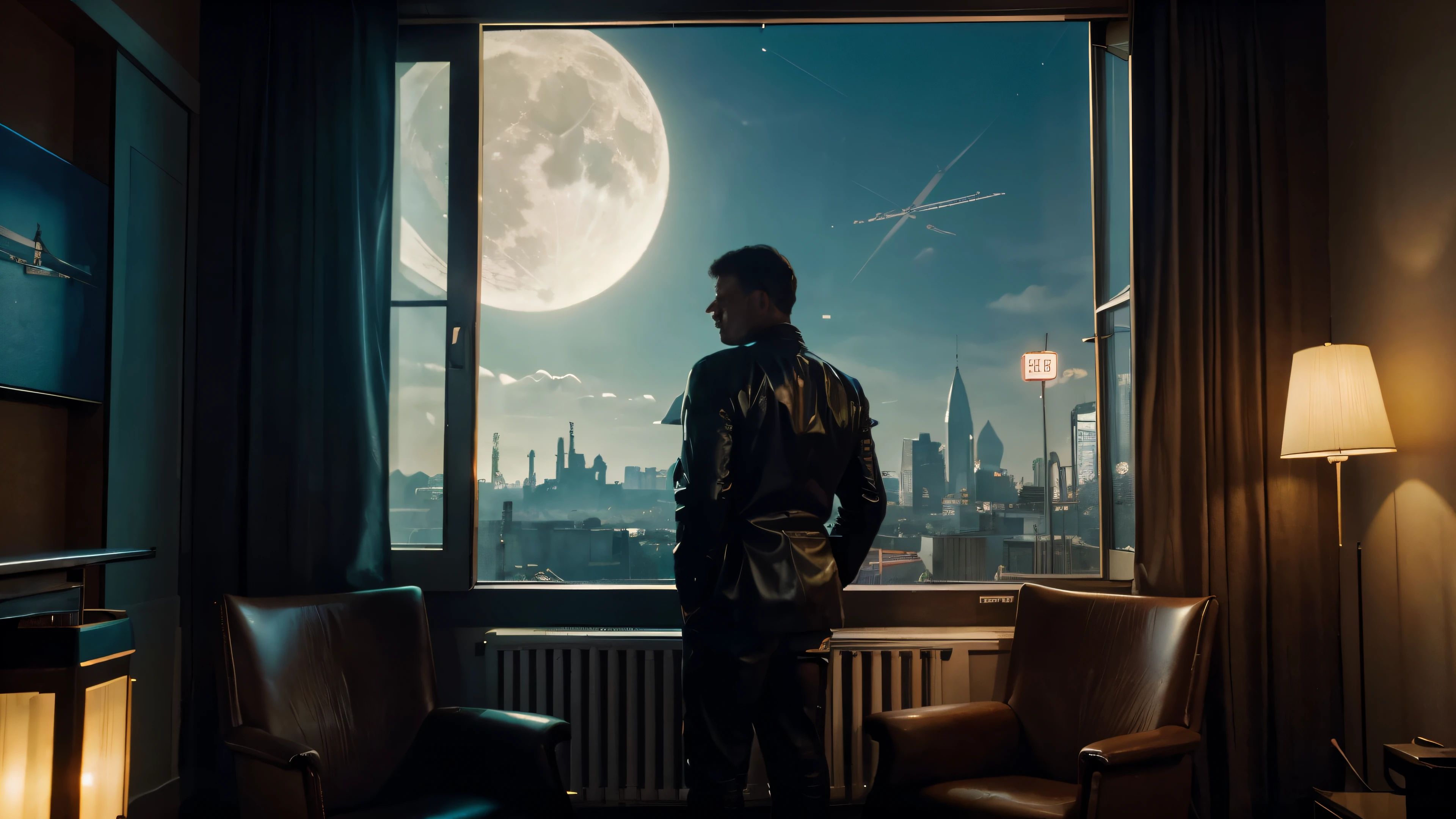 4k image from a 1960s science fiction film by Wes Anderson, Filme O Grande Hotel Budapeste, pastels colors, an big city with neon colors, at night through a window, big city retro futuristic neon, blade runner style, Retro-futuristic from the 60s with old robots, Luz Natural, Psicodelia, futurista estranho, retro-futurista, photo-realistic, Sharp background details, solitude, sadness, lonely man. big moon, a man standing with his back inside an room with a view of a skyscraper, leather armchairs