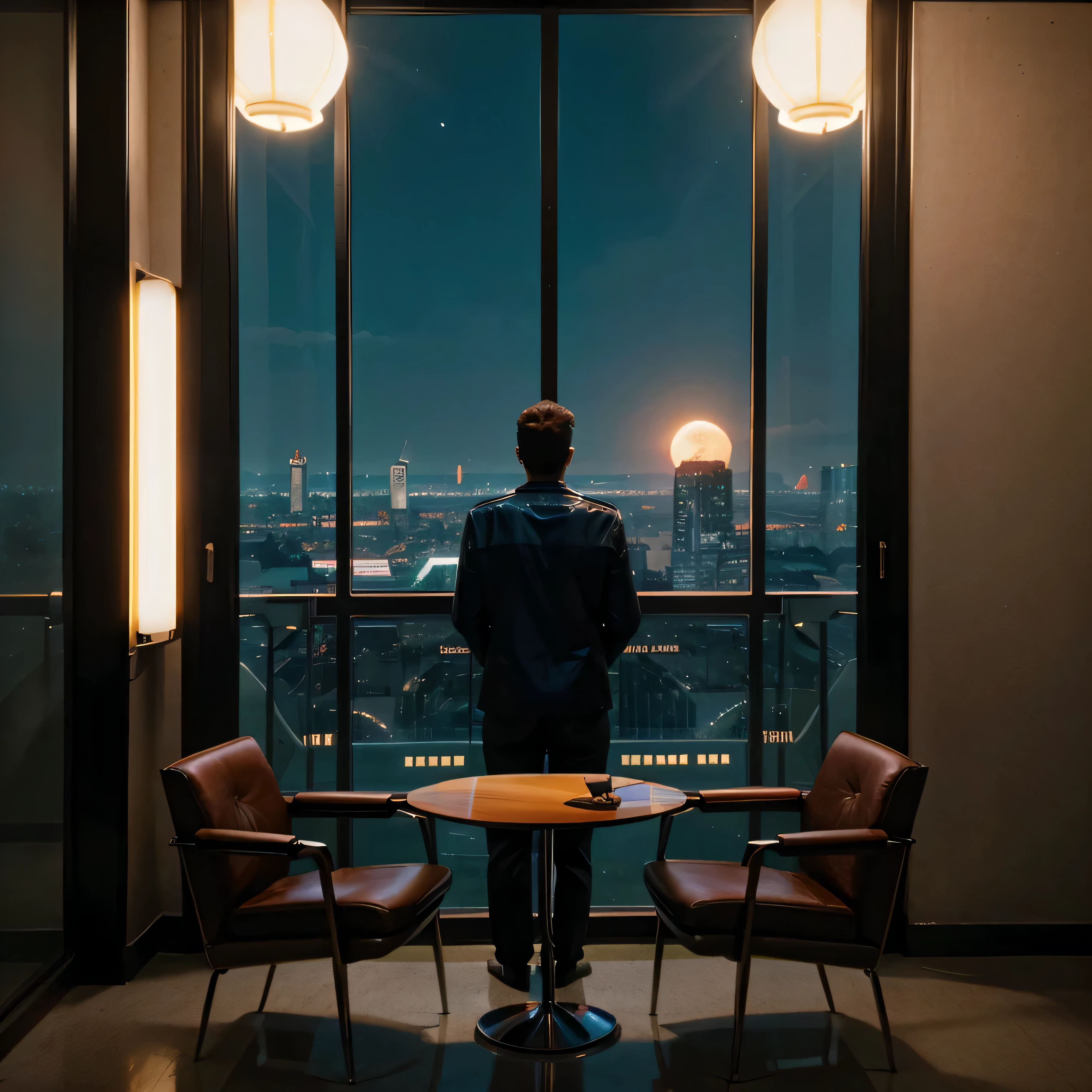 4k image from a 1960s science fiction film by Wes Anderson, Filme O Grande Hotel Budapeste, pastels colors, an big city with neon colors, at night through a window, big city retro futuristic neon, blade runner style, Retro-futuristic from the 60s with old robots, Luz Natural, Psicodelia, futurista estranho, retro-futurista, photo-realistic, Sharp background details, solitude, sadness, lonely man. big moon, man from back in a view of a skyscraper, leather armchairs