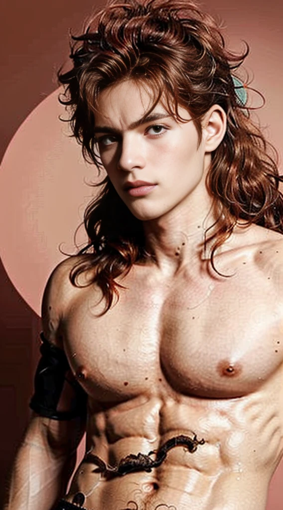 masterpiece, (best quality:1.2), 8K, RAW photo, Ultra photo realistic: 1.37, (((Full Body Shot))), head to toe shot, 54 years old, ((Realistic skin)), ((pores)), ((high detail skin)), white pale wet skin, freckles, redhead, (reddish ginger long messy hair:1.7), Taylor Lautner, with Taylor Lautner's nose, extremely detailed large green eyes, sparkle, long curly ginger eyelashes, eyeliner, brown eyeliner, looking down at the viewer, playful, Mona lisa smile, breast-like pectoral muscles, defined extra large nipples, (((lactation))), (((extra large circular areola))), lace panties, wearing tight confining pink lace panties, lace, low rise, wet lace panties, see-through panties, large male bulge, uprising bulge, male structure, male genitalia ((Steroid body:.5)), complex 3D visualization, high detail, any pink background, octane rendering, best quality