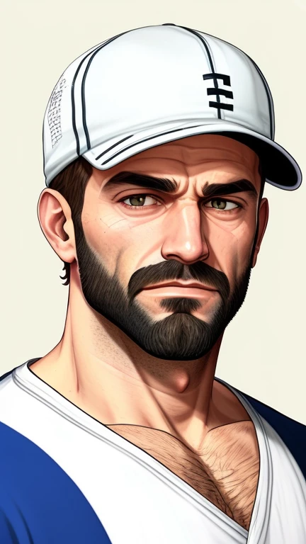 um retrato de @me wearing a white cap,estilo gtav, 20 anos de idade, homem careca e de barba ruiva, barba aparada