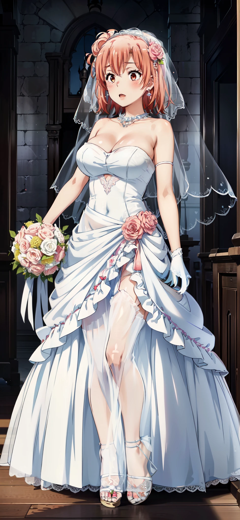 best quality, masterpiece, high resolution, 1 girl, Yuigahama Yui,  Close-up of beautiful bride wearing beautiful wedding dress,Gurwitz,(bridal veil:1.5），（Transparent short veil：1.5），Blushing face，Head flower，headgear，（tube top wedding dress：1.5），（Silk dress：1.2）,（Strapless wedding dress：1.5）,pure white dress，necklace，earrings，(large breasts:1.3)，Deep V peach heart collar wedding dress，Bangs，lipstick，（lace gloves：1.3）,whole body照,High detail RAW color art,Long white dress，whole body，Place your hands behind your back，