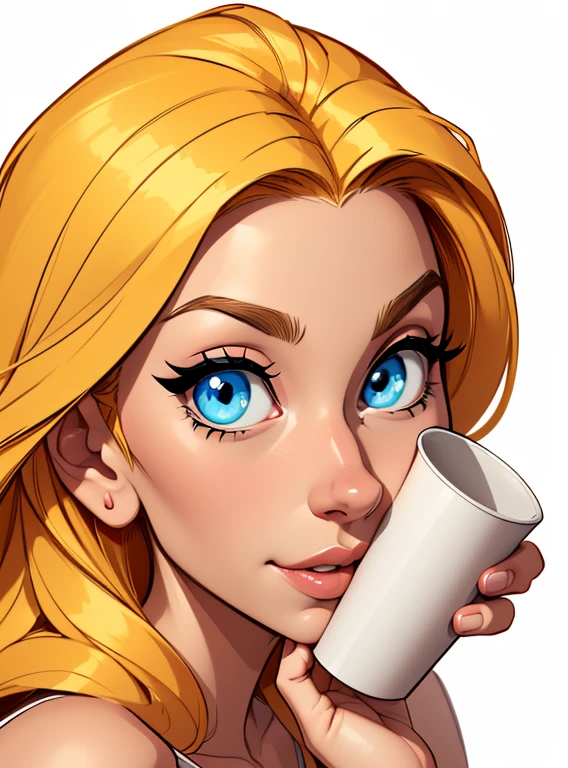 (cartoon style:1.2), drawing of girl, perfect eyes, detailed face, holding a cup, white background, small breasts