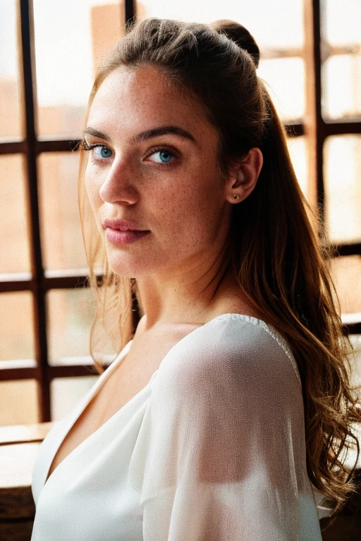 astonishing beautiful woman (jessica biel:gal gadot:0.5), highlighted hair, turquoise eyes, Size A breasts, nude, open blouse, highlighted bun hair, pale turquoise eyes, hourglass figure, perfect body, cantine , table, big window, brick wall, long shot, asymmetric, rim lighting, studio lighting, dslr, ultra quality, sharp focus, tack sharp, dof, highly detailed glossy eyes, high detailed skin, skin pores, best quality, high quality, highres, detail enhancement, humid, overcast, detailed face and eyes, higly detailed skin, 8k uhd, sharp focus, professional, best quality