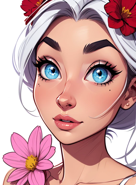 (cartoon style:1.2),  drawing of girl, perfect eyes, detailed face, flowers, white background, small breasts 