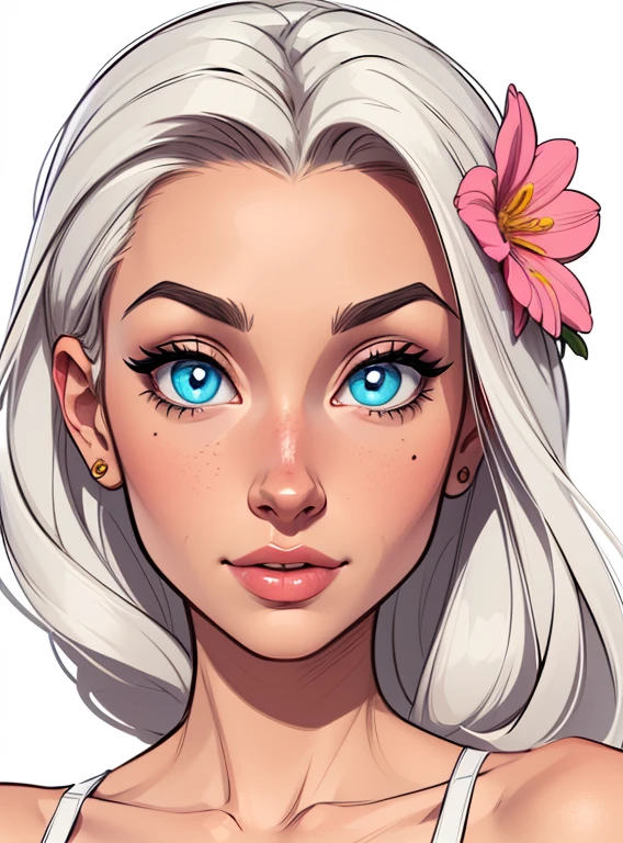 (cartoon style:1.2), drawing of girl, perfect eyes, detailed face, flowers, white background, small breasts