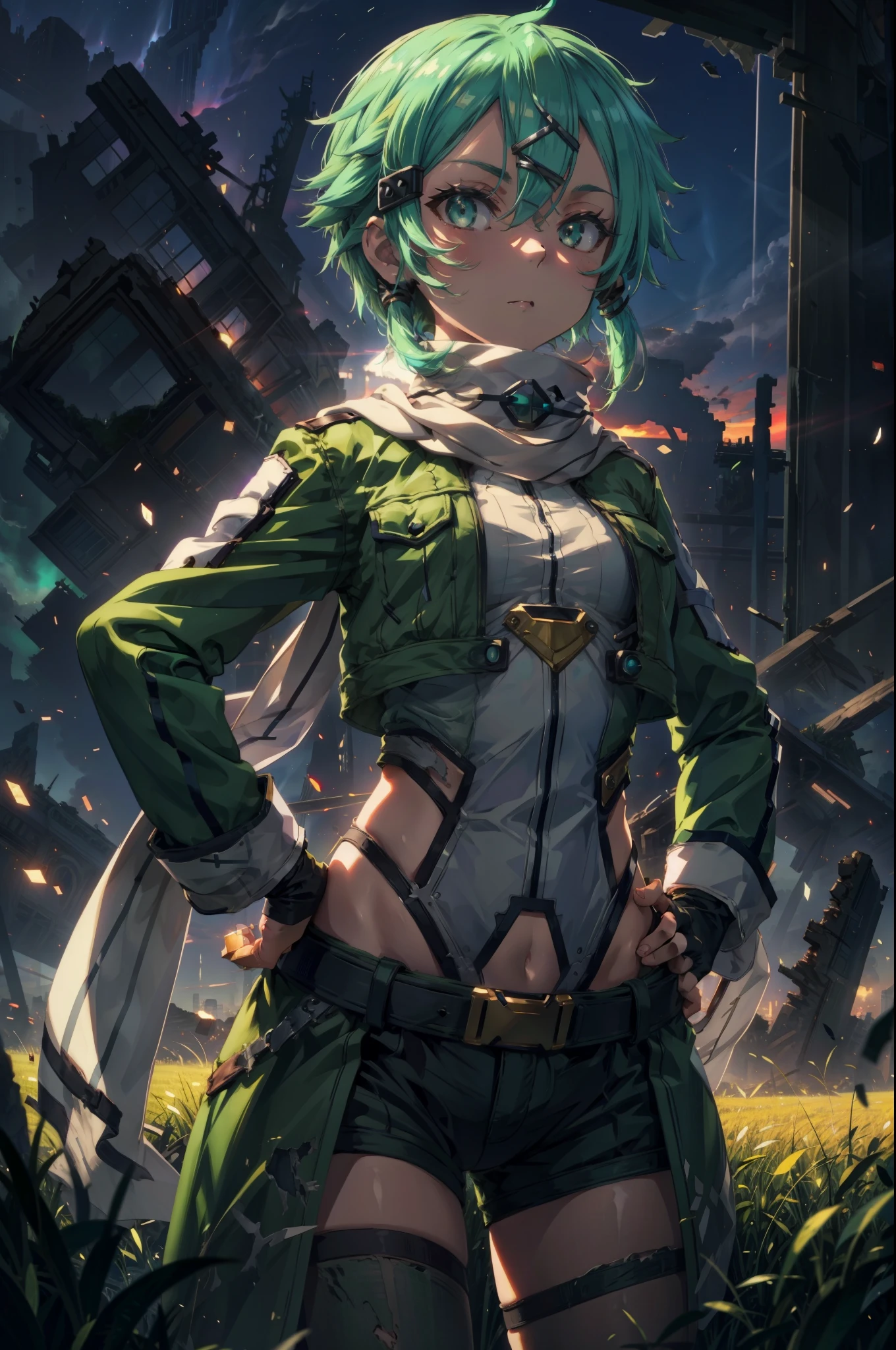 (masterpiece), best quality, expressive eyes, perfect face, highres, sinon1, scarf, fingerless gloves, long sleeves, short shorts, hair ornament, hairclip, green thighhighs, green jacket, thigh strap, hands on hip, field, ruins background, ruined structures, standing,upper body portrait, looking at the viewer