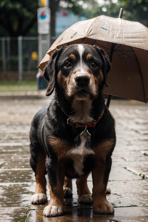 um cachorro brincando na chuva