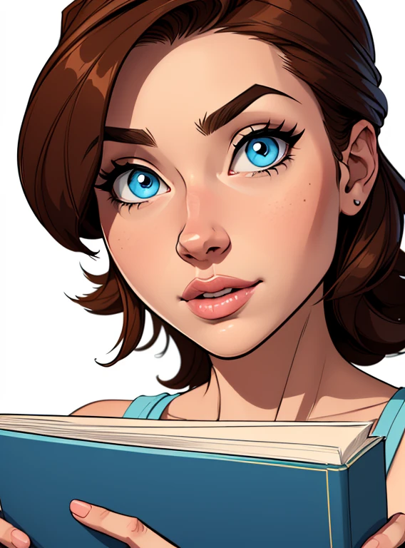 (cartoon style:1.2), drawing of girl, perfect eyes, detailed face, holding a big book, white background, small breasts