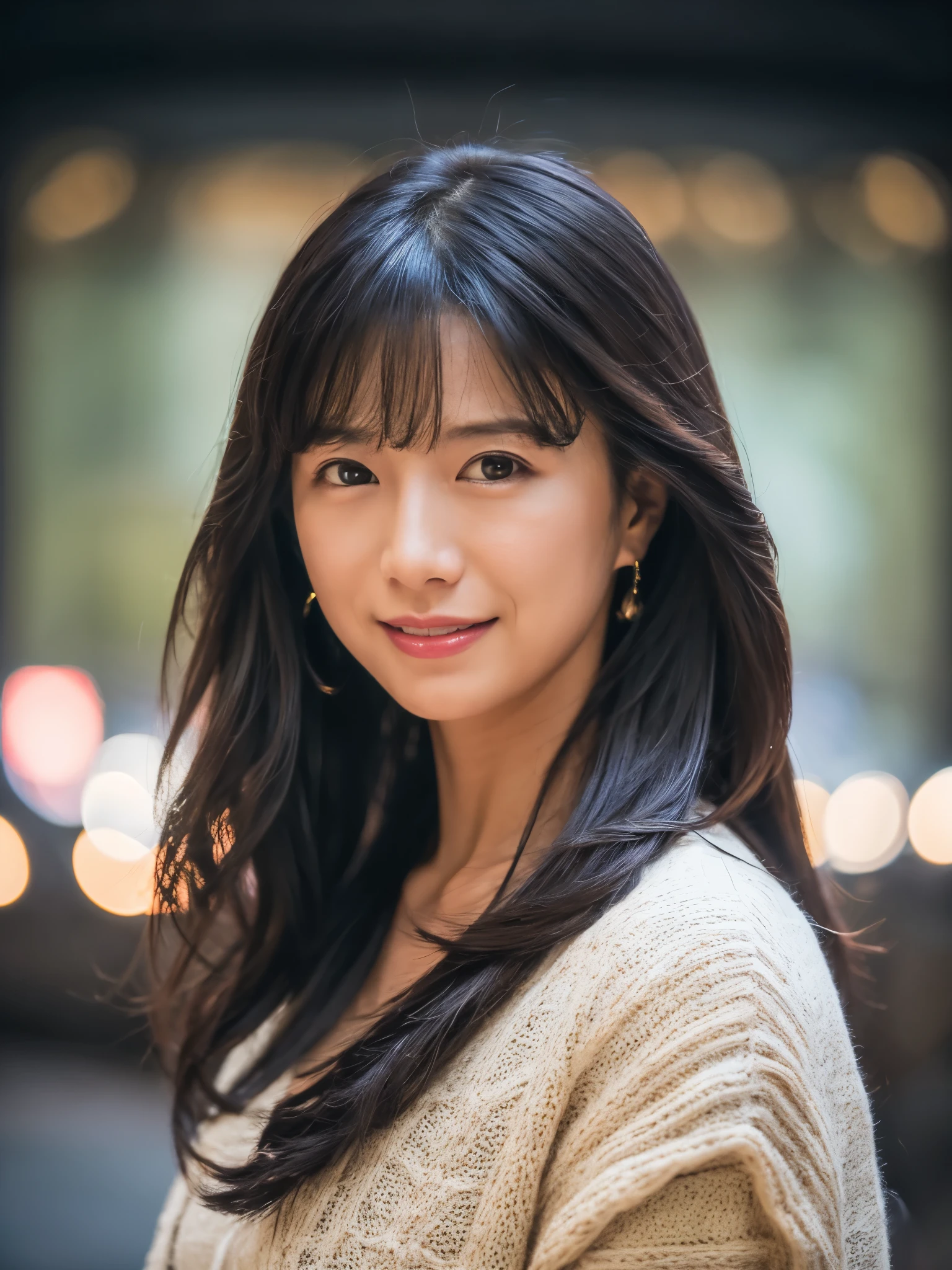 Japanese lady, 40 years old, casual outfit, long black hair, colored inner hair, empty eyes, earrings, smile, depth of field, cinematic lighting, Canon, f/1.2, cowboy shot, UHD, masterpiece, anatomically correct, textured skin, super detail, high quality, 8k, HD