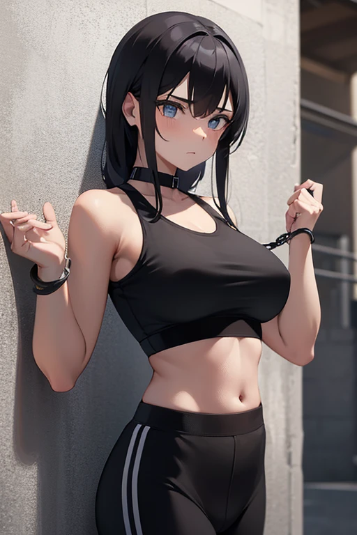 girl in black sports bra with hands chained to a wall